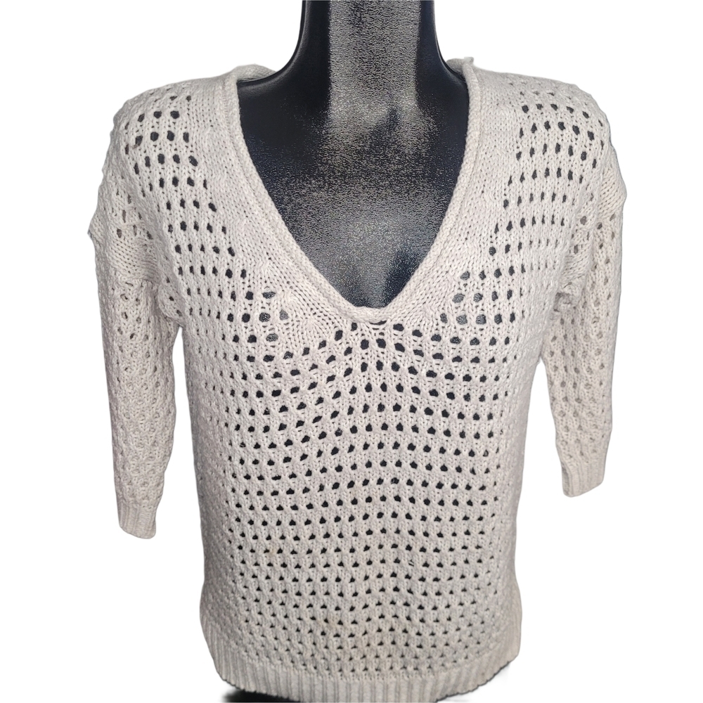 Bluenotes Y2K White Eyelet Knit Cropped Sleeve Sweater Size M